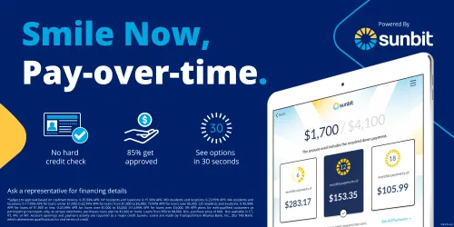 Blue promotional financing graphic with payment messaging and smartphone illustration used for dental office marketing