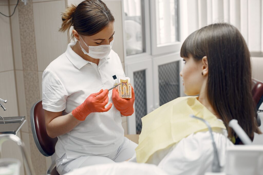 dentist using a tooth model to explain restorative dental treatment to a patient